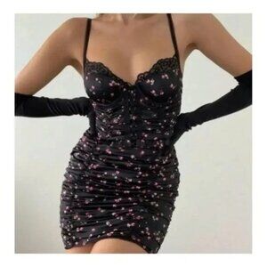 NWOT For Love and Lemons Dress XXS Pansy Black Ruched Mini